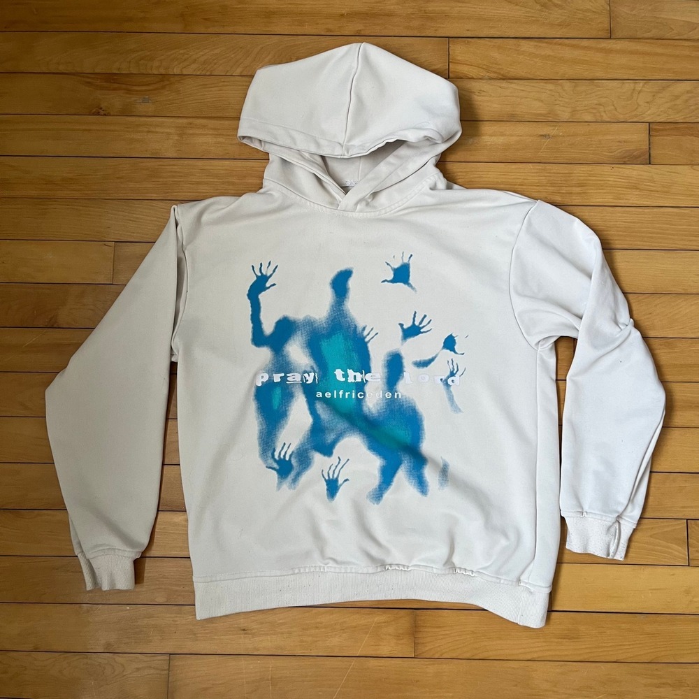 Aelfric Eden Pray the Lord Graphic Hoodie Cream Blue Oversized Streetwear Mens L